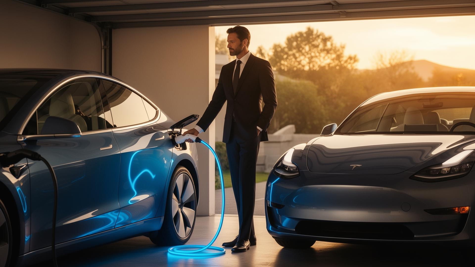 Empresário conectando carro elétrico ao carregador da casa