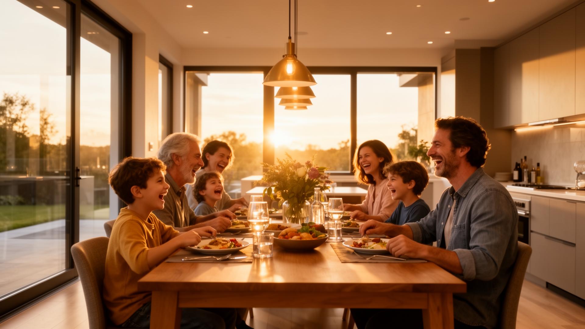 Família feliz jantando juntos em casa moderna iluminada pelo pôr do sol