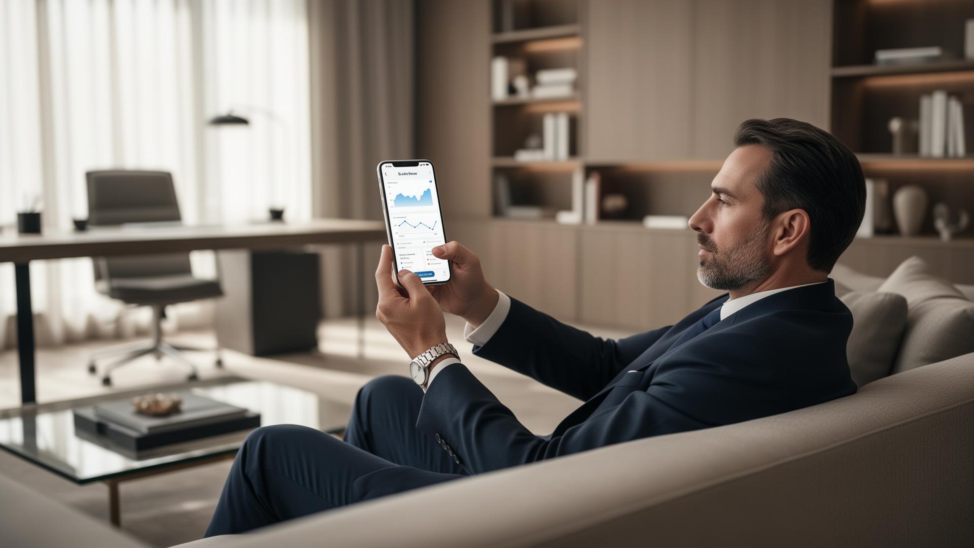 Empresário relaxado vendo gráfico de economia no celular