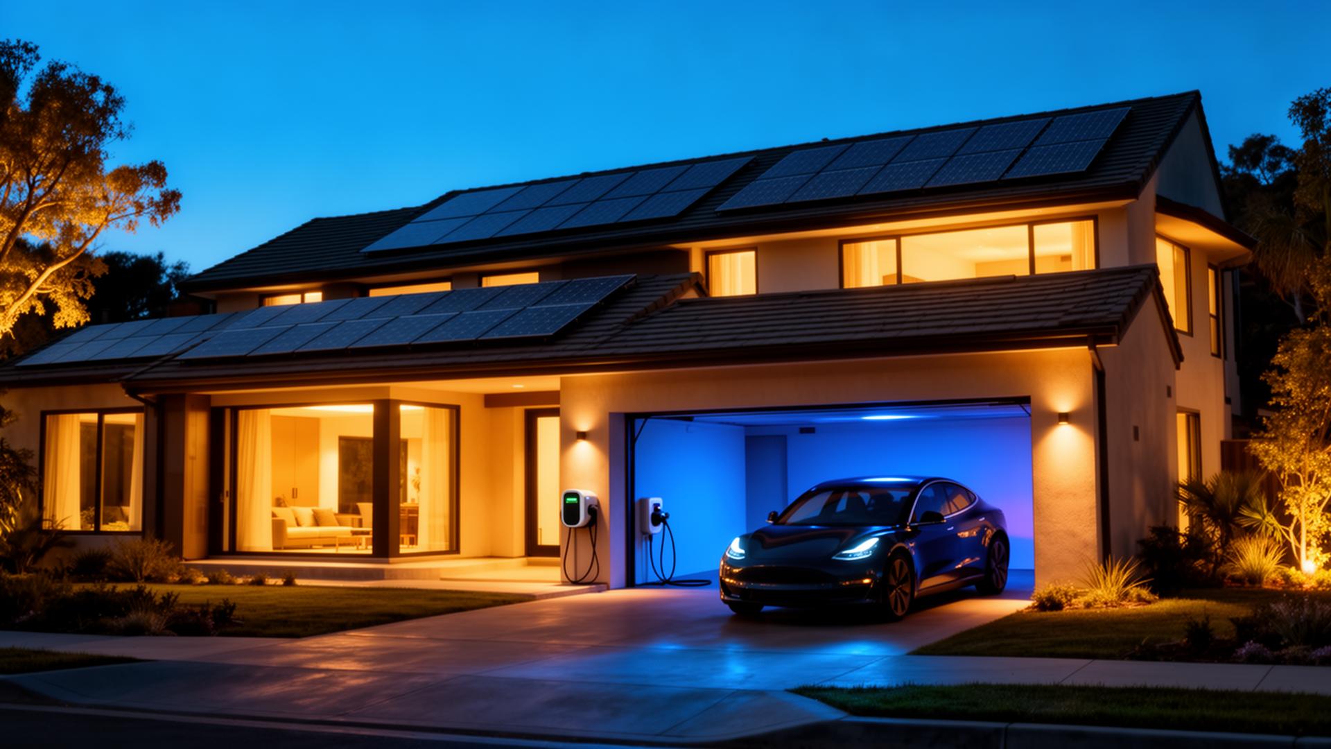 Casa premium iluminada à noite com carro elétrico carregando na garagem